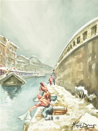 Mario Drago LAVANDAIE acquarello, cm 40x30 firma sul retro: firma, titolo e...