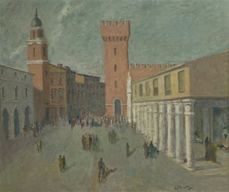 Giuseppe Manfredi LISTONE DI FERRARA olio su cartone, cm 59x67 firma