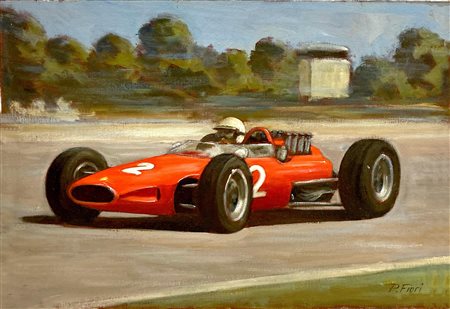 Piero Fiori FERRARI 1964 olio su tela applicara su tavola, cm 35x50 firma