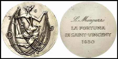 AOSTA. Medaglia 1980 La Fortuna di Saint Vincent. AE argentato (228 g - 79,6 mm) Opus Minguzzi.