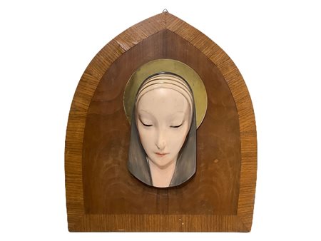 G. Launeck (XX secolo)  - Capezzale con volto di Madonna in gesso policromo, 1950s