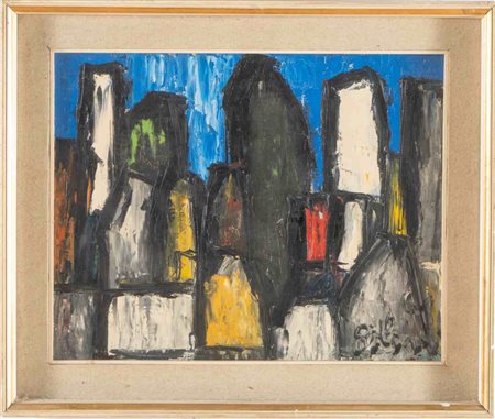 Gustavo Boldrini (Venezia 1927 – Salsomaggiore Terme 1987), “Paesaggio con case”, 1961.