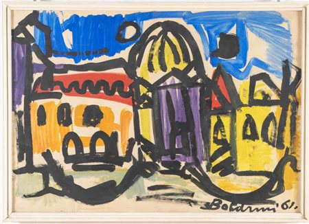 Gustavo Boldrini (Venezia 1927 – Salsomaggiore Terme 1987), “Paesaggio con case”, 1961.