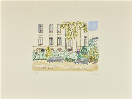Orfeo Tamburi GIARDINO PARIGINO incisione su carta colorata a mano, battuta...