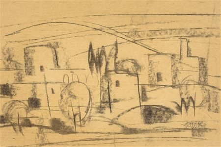 GIANBAR (Gianni Baretta) PAESAGGIO MAROCCHINO carboncino su carta applicata...