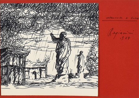Luigi Regianini IMPROVVISO A ROMA disegno a china su carta, cm 19x20 firma,...