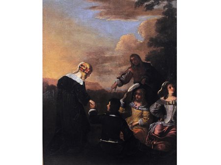 Scuola fiamminga (XVII secolo) Scena galante Olio su tela Misure 91x74,5 cm