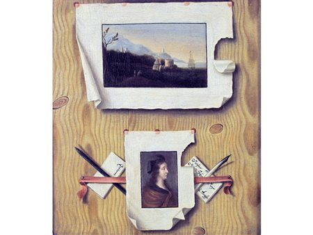 Scuola francese (XVII secolo) Trompe l'oeil Olio su tavola Cornice antica...