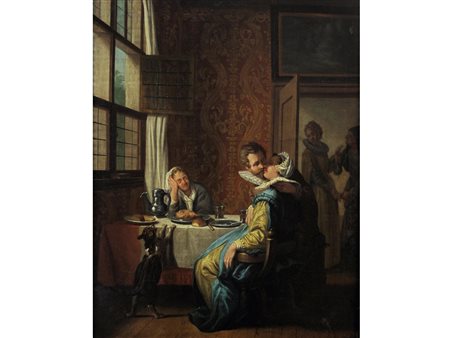 Scuola fiamminga (inizio XIX secolo) Corteggiamento Olio su tela Cornice...