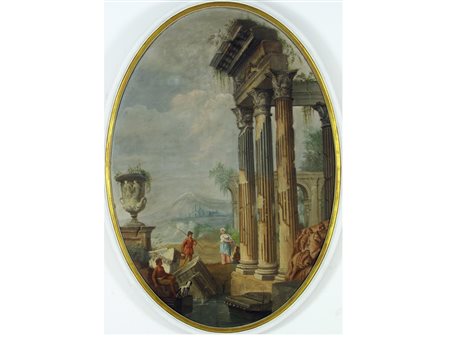 Scuola emiliana (XVIII secolo) Coppia di architetture Tempera su tela Prima...