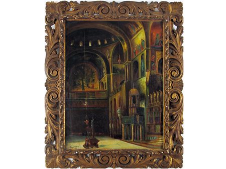 G. Guarneri (XIX secolo) Interno di cattedrale Olio su tela Piccola...