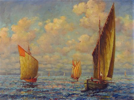 A. Vahl (XX secolo) Barche a vela Olio su cartone pressato Firmato Senza...