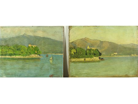 Michele Riccardi (1864-1939) Veduta lacustre Olio su tela Il bozzetto misura...