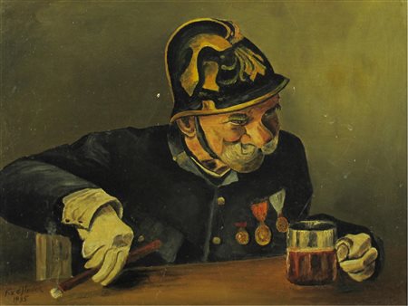 F. Heiden (XX secolo) Il pompiere ubriaco Olio su tavoletta Firmato Misure...