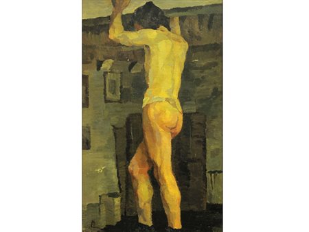 Monogrammista PS (XX secolo) Nudo maschile Olio su cartoncino Senza cornice...