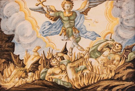 Maestro castellano attivo nella prima metà del XVIII secolo ( - ) Mattonella maiolicata raffigurante San Michele Arcangelo trionfante  cm 18,4x26,3