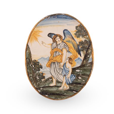 Manifattura castellana del XIX secolo ( - ) Mattonella maiolicata ovale, raffigurante un bambino ed il suo angelo custode  cm 27,5x21,5
