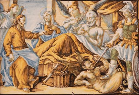 Maestro castellano attivo intorno alla metà del XVIII secolo ( - ) 
Mattonella maiolicata raffigurante l'episodio biblico della Resurrezione di Lazzaro. 
 cm 18x26