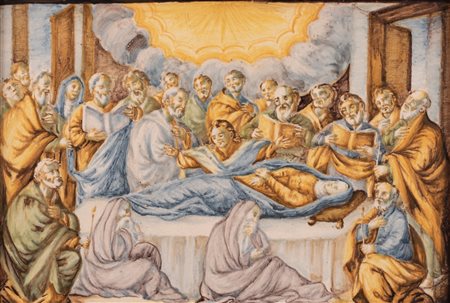 Maestro castellano attivo intorno alla metà del XVIII secolo ( - ) 
Mattonella maiolicata raffigurante l'episodio Evangelico della Dormitio Virgini 
 cm 17,5x26,3