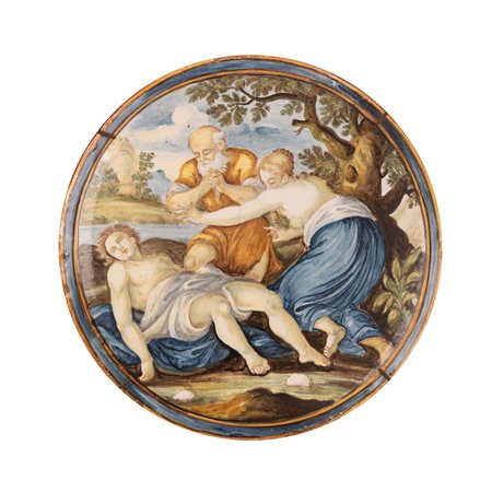 Liborio Grue (Castelli, 1702 - Teramo, 1779/80) 
Tondo in maiolica decorato con una scena mitologica. 
 Ø 21,5