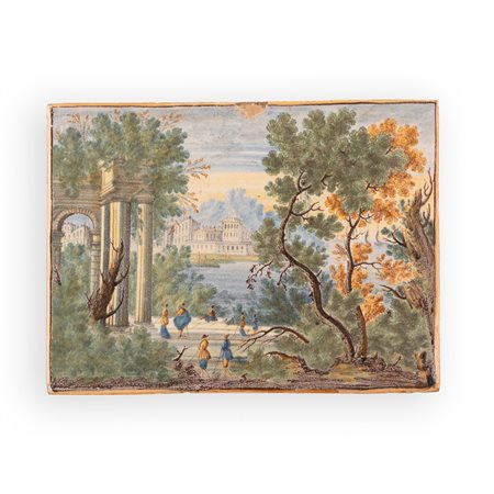 Nicola Cappelletti (Castelli, 1691 - Castelli, 1767) 
Mattonella maiolicata decorata con paesaggio. 
 cm 19x25,8