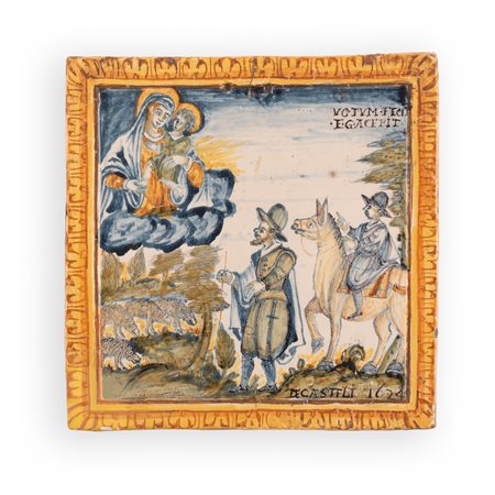 Manifattura castellana operante tra il terzo ed il quarto decennio del XVII secolo, Bottega dei Gentili (?) ( - ) 
 Mattonella "ex voto" in maiolica raffigurante l'apparizione della Vergine con il Bambino Gesù, a due viandanti. 1624
 cm 24,6x24,4