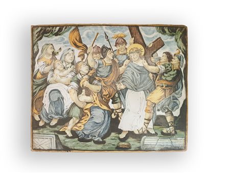 Bernardino Il giovane Gentili (Castelli, 1727 - Castelli, 1813) 
Placca in maiolica policroma  XVII secolo
 cm 24x30; con cornice cm 35x40,5