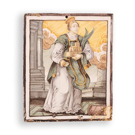 Manifattura castellana del XVIII secolo ( - ) 
Placca in maiolica decorata con Santa Martire. 
 cm 26,5x22