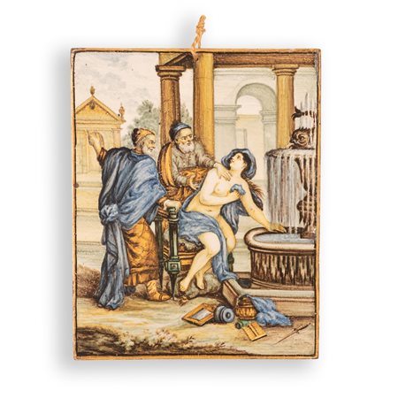 Manifattura Gentili, Castelli, metà del XVIII secolo ( - ) 
Placca in maiolica policroma con la rappresentazione biblica di Susanna e i Vecchioni 
 cm 26,5x 21