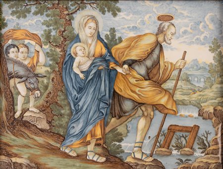 Francesco Saverio Grue (Castelli, 1720 - Castelli, 1755) 
Mattonella maiolicata istoriata con la scena biblica della Fuga in Egitto 
 cm 24,5x31
