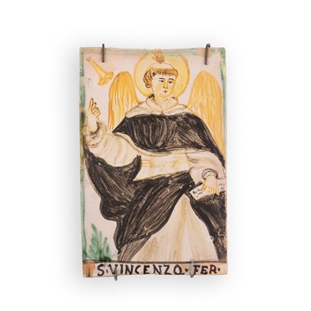 Manifattura castellana attiva tra la fine del XVIII e la prima metà del XIX secolo ( - ) 
Mattonella maiolicata decorata con l'effigie di San Vincenzo Ferrer 
 cm 21x13,5