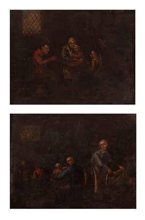 Pittore fiammingo del XIX secolo ( - ) 
Due dipinti raffiguranti scene di interno di cucina con figure 
olio su tavola cm 30x40; con cornice cm 42x50