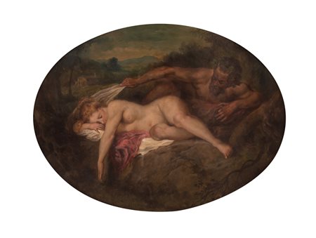 Francesco Bosso (Vercelli, 1864 - Torino, 1933) 
Donna con satiro in paesaggio 
Olio su cartone cm 53x67 ovale in campo rettangolare