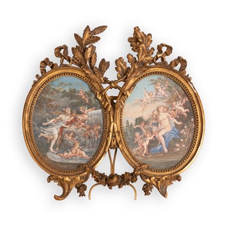 Pittore Francese del XIX secolo ( - ) 
Coppia di acquerelli da François Boucher in cornice intagliata e dorata: Venere e Apollo; Venere con amorini  
Tempera su carta  cm 15,5x12; con cornice cm 27x28