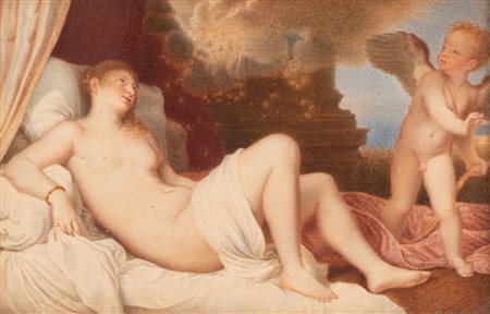 Pittore europeo del XIX secolo ( - ) 
Danae (Copia da Tiziano Vecellio) 
Acquerello su carta cm 11x18; con cornice cm 21x27