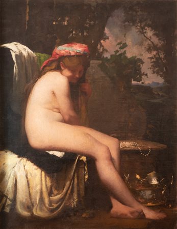 Domenico Morelli (Napoli, 1823 - Napoli, 1901) 
Odalisca al bagno 
Olio su tela cm 155x120; con cornice 187x152