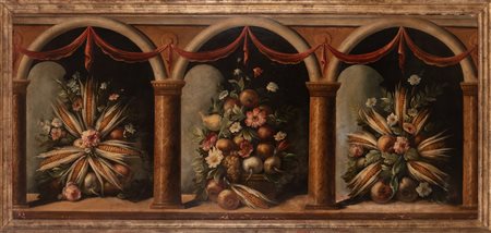 Scuola dell'Italia centrale del XX secolo ( - ) 
Natura morta 
olio su tela cm 80x180; con cornice cm 94x194