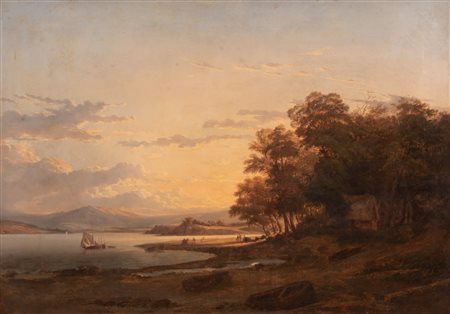 Scuola veneta del XIX secolo ( - ) 
Paesaggio lacustre con pescatori 
olio su tela cm 58x82; con cornice cm 81x105