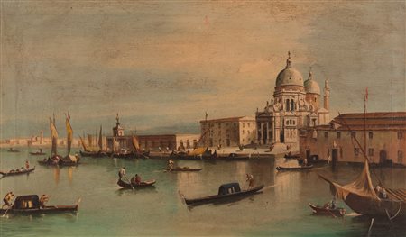 Pittore veneto del XX secolo ( - ) 
Veduta di Venezia con la basilica della Madonna della Salute 
Olio su tela cm 60x100; con cornice cm 75x115