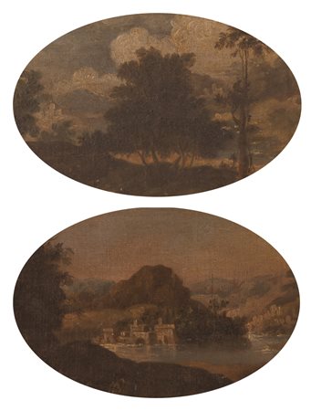 Scuola veneta XVIII secolo ( - ) 
Coppia di paesaggi 
Olio su tela applicato su tavola cm 16,5x25 ovali