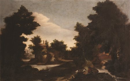 Pittore fiammingo del XVIII secolo ( - ) 
Dipinto raffigurante la conversione di Sant'Eustachio 
Olio su tela cm 66x104