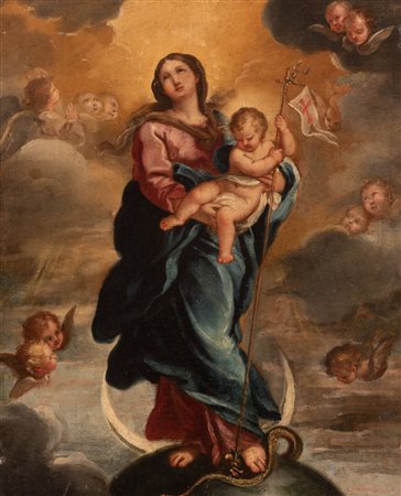 Sebastiano Conca (attribuito a) (Gaeta , 1680 - Napoli, 1764) 
Vergine Immacolata con Gesù bambino 
olio su tela cm 44x36; con cornice cm 53x46