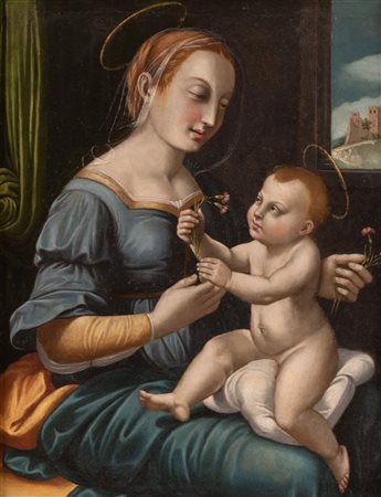 Pittore europeo del XIX secolo ( - ) 
Madonna dei garofani (da Raffaello) 
olio su rame cm 30x24; con cornice cm 50x44