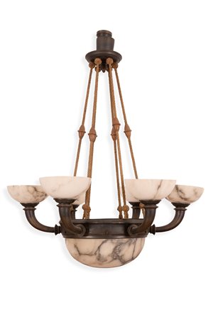  
Lampadario a 6 luci in bronzo e alabastro d'epoca Decò primi del XX secolo
 cm 130x110