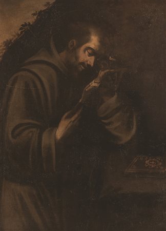 Scuola Lombarda XVII secolo ( - ) 
San Francesco in adorazione del Crocifisso 
Olio su tela cm 90x68; con cornice cm 102x80
