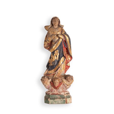 Scultore italiano della fine fine XVII inizi XVIII secolo ( - ) 
Scultura in legno policromo e dorato raffigurante l'Immacolata 
 altezza cm 27