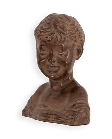 Manifattura romana del XX secolo ( - ) 
Calco in terracotta dipinta raffigurante volto di fanciullo 
 altezza cm 30