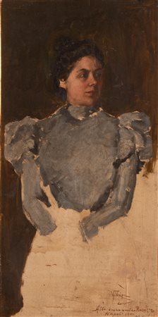 Vincenzo Volpe (Grottaminarda, 1855 - Napoli, 1929) 
Ritratto della signora Izzo 
Olio su tavola cm 36x20; con cornice cm 49x32