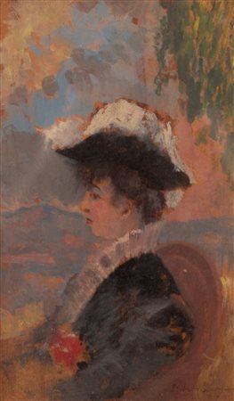 Ulvi Liegi (Livorno, 1858 - Livorno, 1939) 
La francesina 
olio su tavola cm 20x11; con cornice cm 46x37