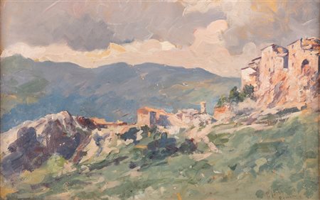 Pio Joris (Roma, 1843 - Roma, 1921) 
Veduta di paesaggio montano 
olio su cartone cm 26x38